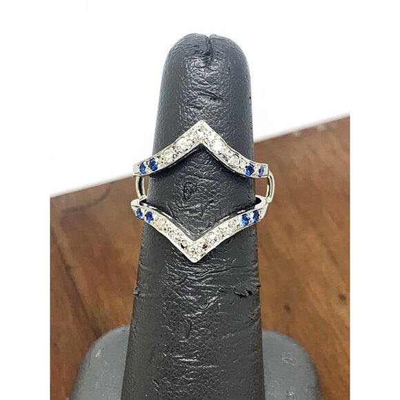 Engagement Ring Guard 14k White Gold Diamond Blue Gemstone Wedding Band Size 5.5 - Picture 6 of 15